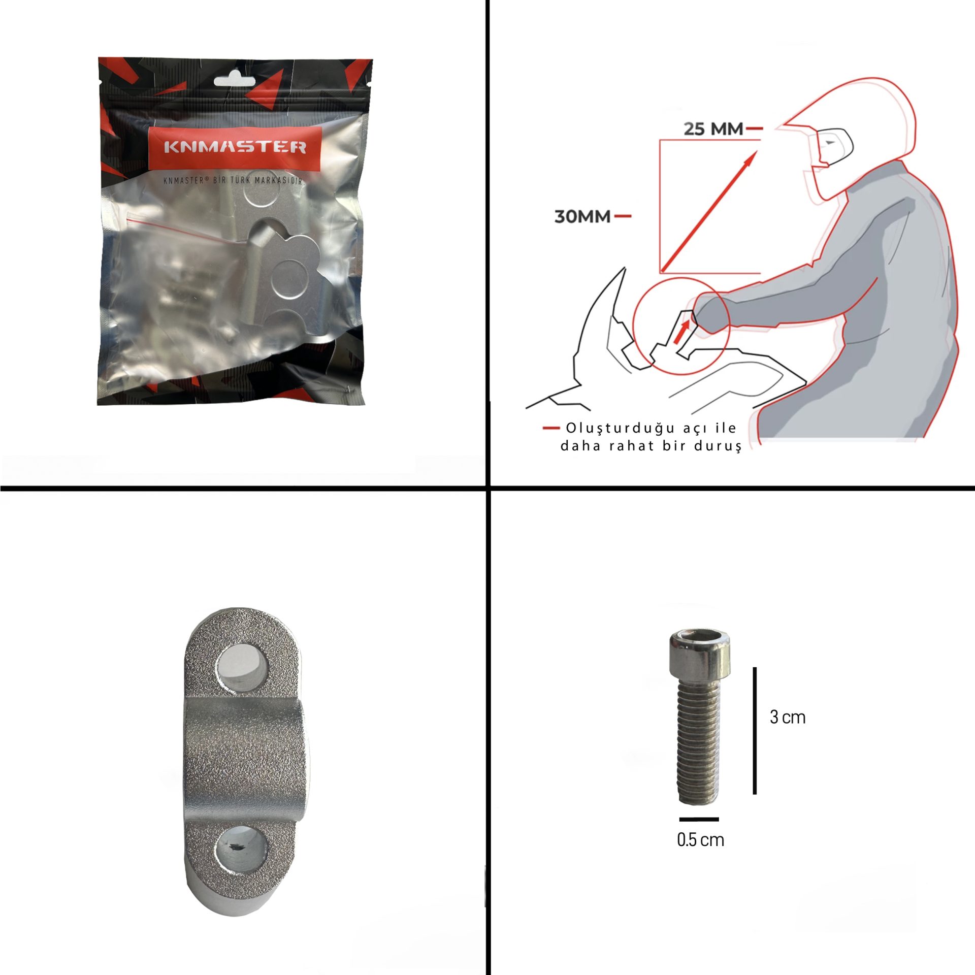 Knmaster 22 mm Motosiklet Gri Gidon Yükseltme Aparatı  