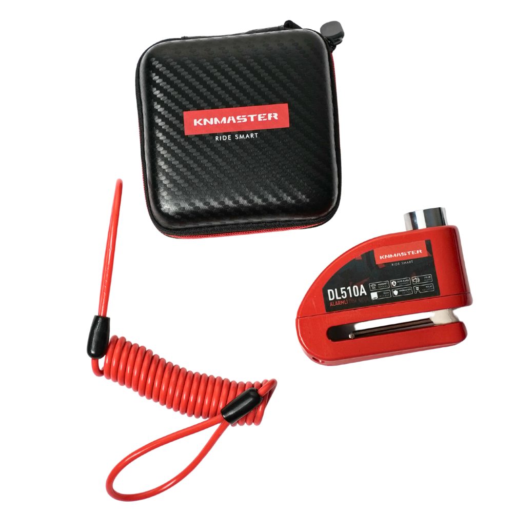 KNMASTER DL510A 10 mm Alarmlı Disk Kilidi | Hatırlatma Kablosu ve Taşıma Çantası Hediye | Kırmızı