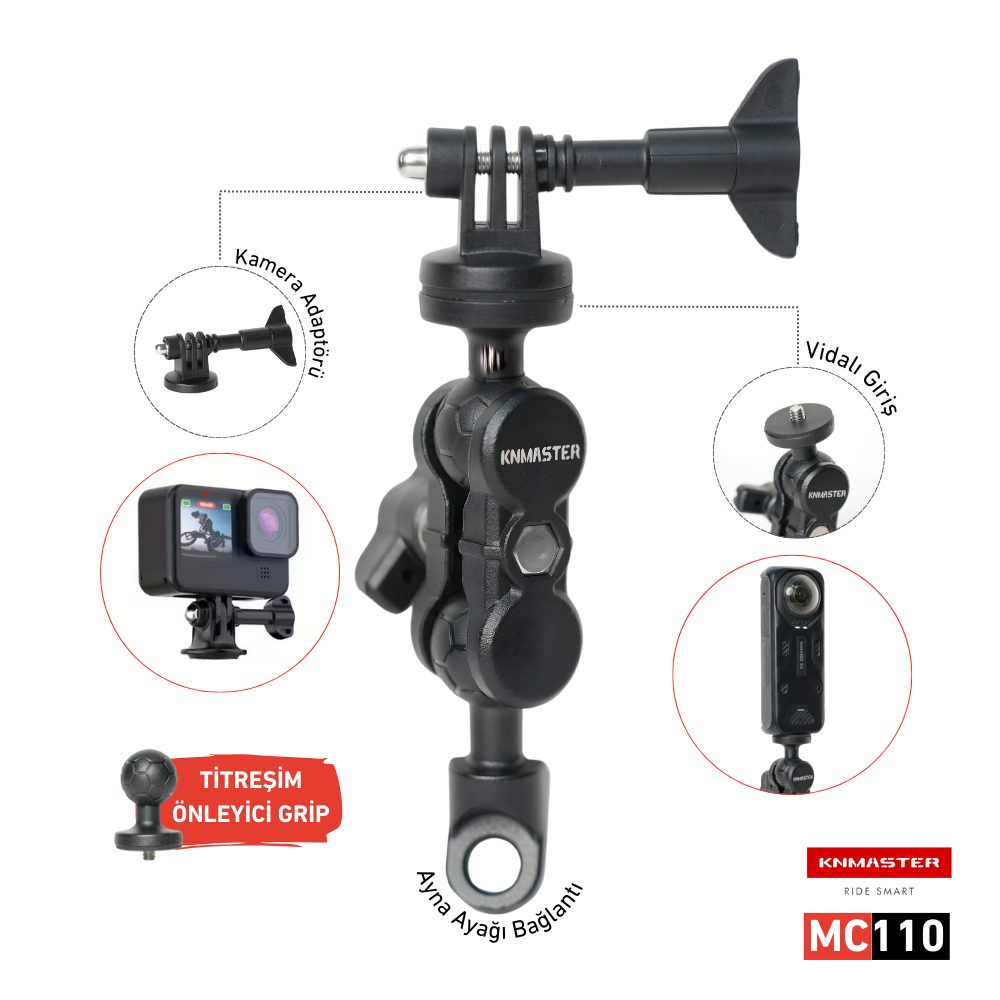 KNMASTER Knmaster MC110 – 360° Ayarlanabilir Motosiklet Ayna Dibi Aksiyon Kamera Aparatı