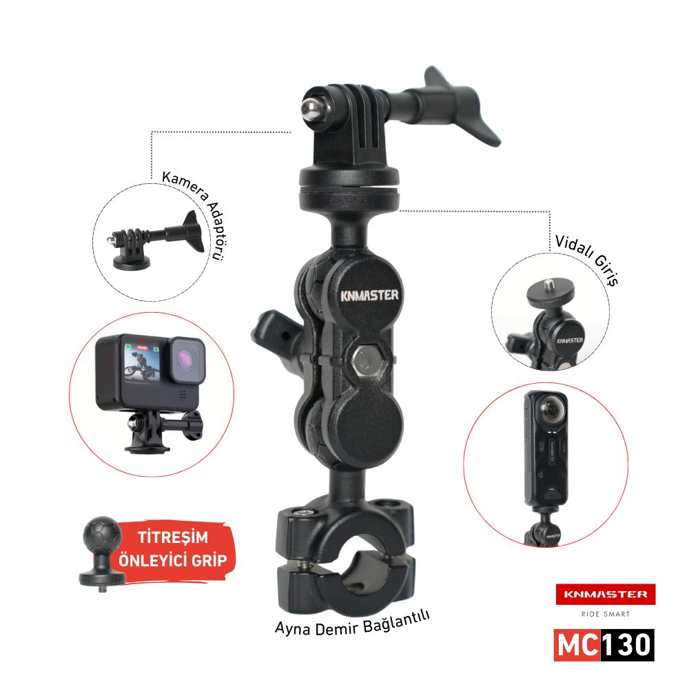 KNMASTER Knmaster MC130 – 360° Ayarlanabilir Motosiklet Ayna Demir Bağlantılı Aksiyon Kamera Aparatı