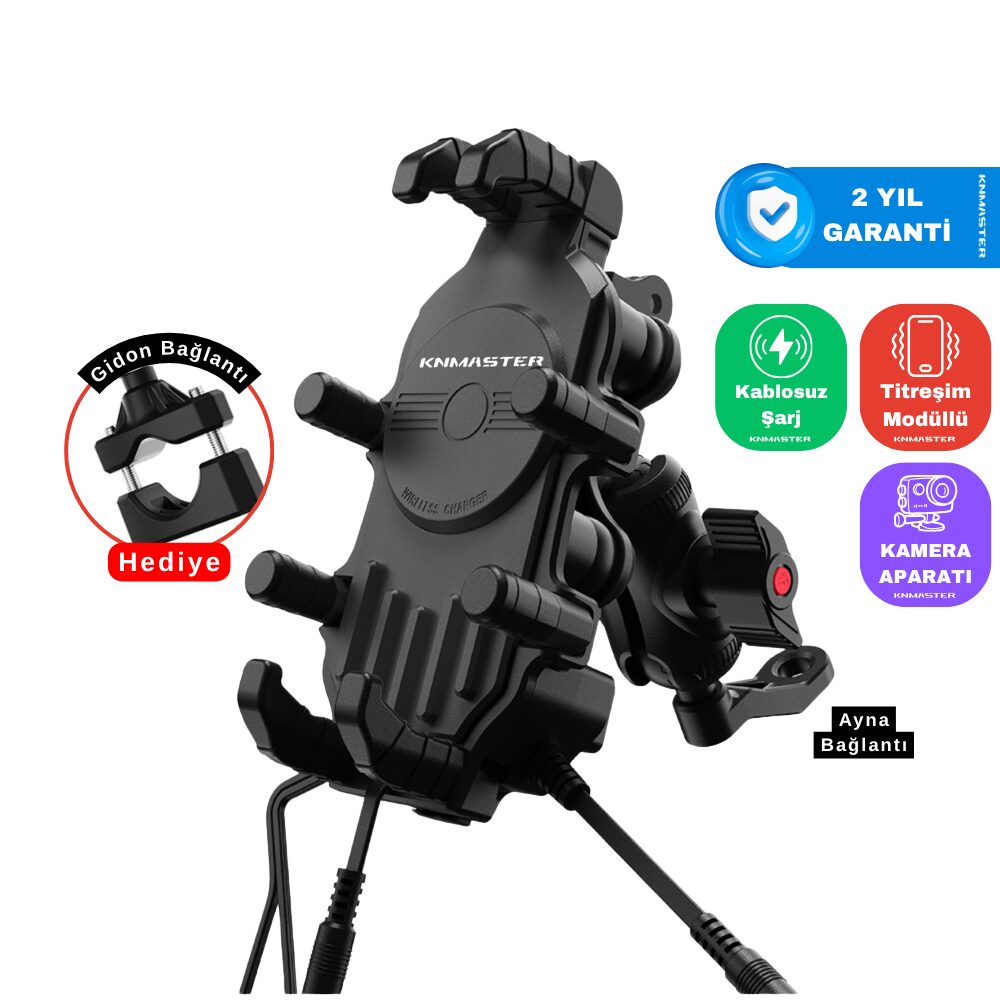 KNMASTER TT820WC Kablosuz Şarjlı Tüm Motosikletlere Uyumlu Titreşim Modüllü  Telefon Tutucu (Kamera Bağlantılı)
