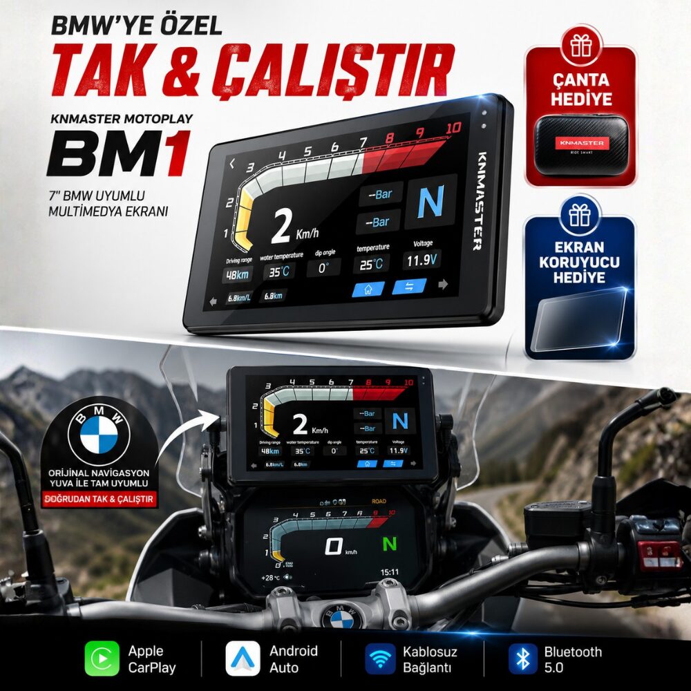 KNMASTER MOTOPLAY BM1 –  7″ BMW Uyumlu Motosiklet CarPlay & Android Auto Multimedya Ekranı