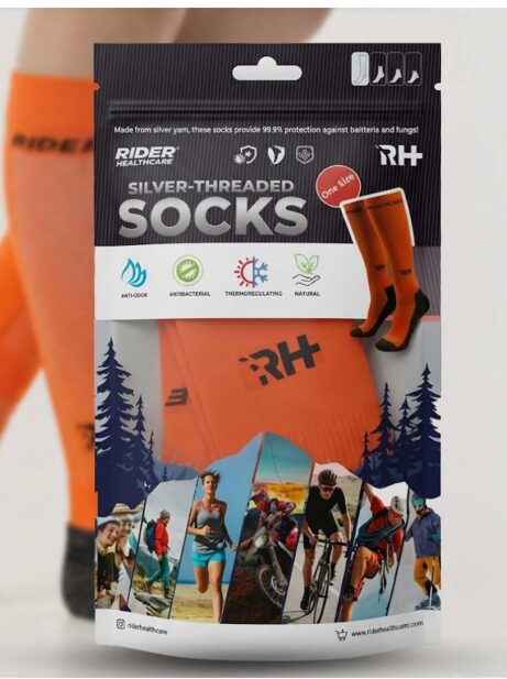 Rider Healthcare Cryo Silver + Havlu Taban Uzun Gümüş İplikli Çorap — Turuncu/Siyah (Kadın)